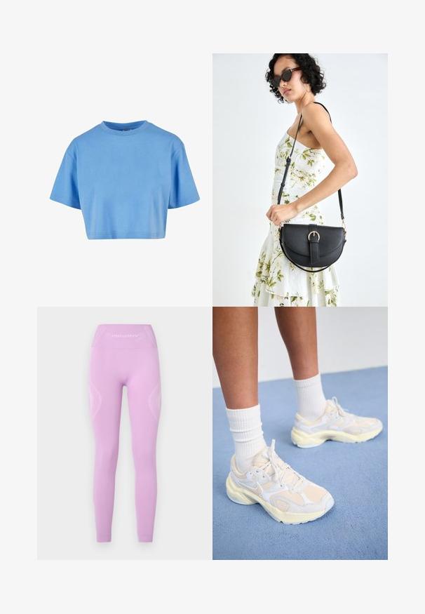 T-shirt court bleu en coton doux, avec un col rond, des manches courtes et un design simple sans motifs ni accents.; Leggings lilas clairs avec une taille haute, des panneaux latéraux texturés et un détail de logo discret sur le devant, fabriqués en tissu extensible.; Baskets athlétiques élégantes en jaune pâle et blanc, présentant des matériaux en mesh et synthétiques, une forme arrondie et des semelles texturées.; Sac à main en cuir noir avec une forme courbée, bandoulière amovible et des accessoires en or. Le sac est doté d'un rabat avec un détail de boucle.