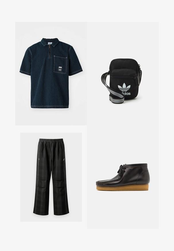 adidas Originals GRAPHIC - Polo - medium blue denim; Pantalones de cuadros negros con cintura elástica, dos bolsillos frontales y un ajuste holgado con diseño de pierna recta. Fabricados en material ligero.; Zapatos de piel negra de altura hasta el tobillo con puntera redondeada, que presentan costuras decorativas y una suela de goma marrón. Diseño con cordones.; Bolso cruzado de tela negra con cierre de cremallera, que presenta un logo blanco de Adidas y una correa ajustable a rayas para un fácil transporte.