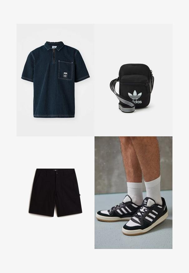 adidas Originals GRAPHIC  - Polo shirt - medium blue denim; Black shorts made of cotton, featuring a standard waistband, two front pockets, and a relaxed fit. Simple design with no visible patterns.; Black and white sneakers with a suede and leather upper, featuring three white stripes, a perforated toe, and a gum rubber sole.; Black fabric crossbody bag with a zipper closure, featuring a white Adidas logo and a striped adjustable strap for easy carrying.
