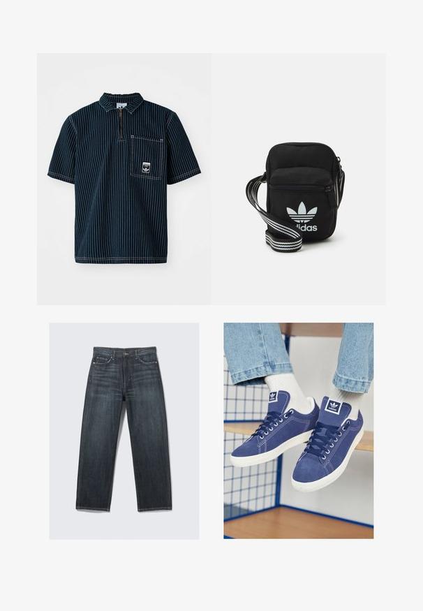 adidas Originals GRAPHIC - Polo krekls - medium blue denim; Tumši zili džinsa bikses ar taisnu kājas griezumu, piecām kabatām, pogu aizdari priekšpusē un vieglu auduma izbalēšanu.; Jūras zila Adidas sporta apavi no zamšādas ar baltu gumijas zoli, apaļām purngaliem un logo uz mēles. Redzamas spilgti baltas zeķes.; Melna auduma crossbody soma ar rāvējslēdzēja aizdari, kurai ir balts Adidas logo un svītrainas regulējamas siksnas ērtiem pārvietošanās veidiem.