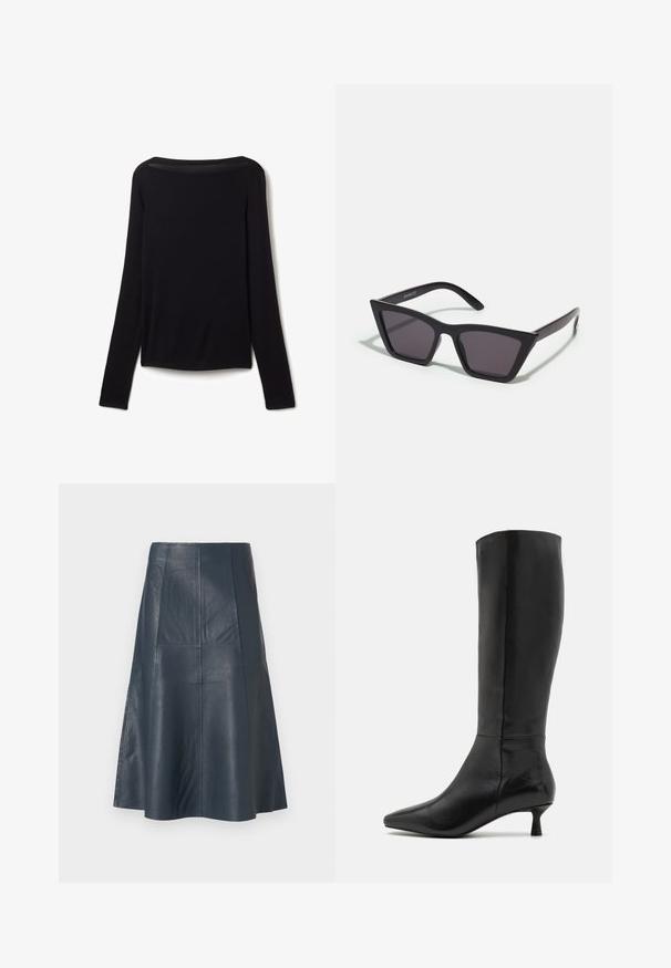 Haut noir à manches longues en tissu doux, avec un large col et une coupe légèrement ample, sans motifs visibles ni détails matériels.; Jupe en cuir bleu marine foncé avec une silhouette évasée, présentant des coutures en panneaux et une texture lisse. Design de longueur genou.; Zign Bottes - black; Lunettes noires angulaires avec des verres gris ; fabriquées en plastique, avec des branches épaisses à la surface lisse et sans matériel visible.