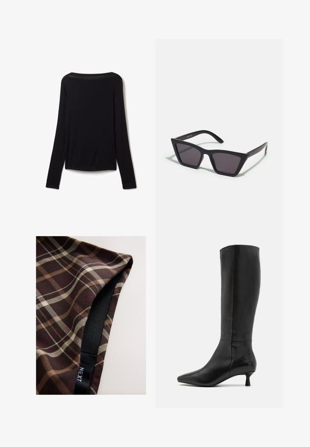 Langarmshirt aus schwarzem, weichem Stoff, mit weitem Ausschnitt und leicht lockerer Passform, ohne sichtbare Muster oder Hardware-Details.; Brauner karierten Stoff mit weißen und beigen Linien, mit glatter Textur und einem an der Kante eingenähten schwarzen Gummiband.; Zign Stiefel - black; Schwarze, eckige Sonnenbrille mit grauen Gläsern; aus Kunststoff gefertigt, mit dicken Bügeln, die eine glatte Oberfläche und keine sichtbaren Beschläge haben.; Schwarze Leder Schultertasche mit geflochtenem Tragegriff und halbrunder Form auf einem einfarbigen Hintergrund.