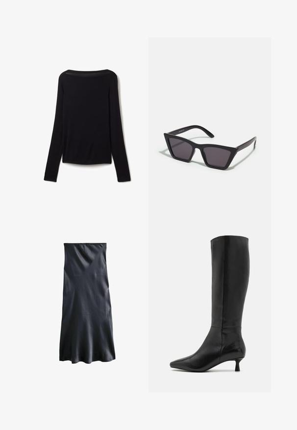 Dlouhé černé tričko z měkké látky, s širokým výstřihem a mírně volným střihem, bez viditelných vzorů nebo kovových detailů.; Černé hedvábné midi šaty se rovnýcm střihem, hladkou texturou a jemným leskem. Nemají žádné viditelné kovové prvky ani vzory.; Zign Vysoká obuv - black; Černé, ostré sluneční brýle s šedými skly; vyrobené z plastu, s mohutnými rameny a hladkým povrchem bez viditelného hardwaru.