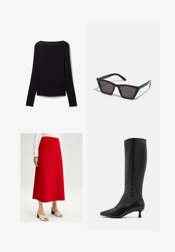 Długi czarny top z miękkiego materiału, z szerokim dekoltem i nieco luźnym krojem, bez widocznych wzorów ani elementów metalowych.; Czerwona spódnica A-linii wykonana z gładkiego materiału z elastycznym paskiem w talii. Połączona z kremowymi butami na płaskiej podeszwie z węzłem.; Zign - Kozaki; Czarne, kanciaste okulary przeciwsłoneczne z szarymi soczewkami; wykonane z plastiku, z grubymi zausznikami o gładkiej powierzchni i bez widocznych elementów metalowych.