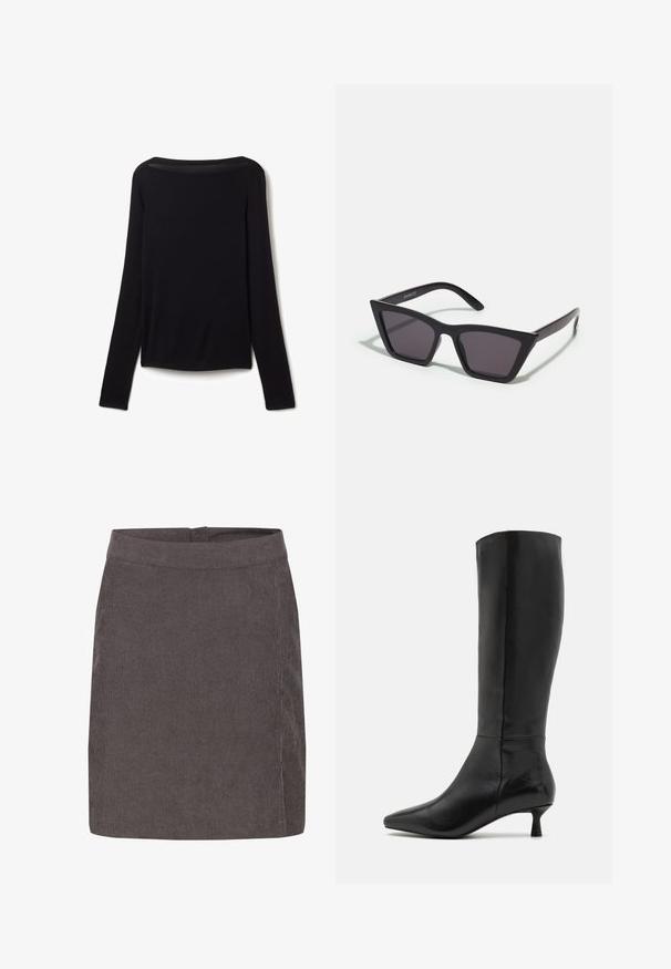 Long-sleeve black top in a soft fabric, featuring a wide neckline and a slightly loose fit with no visible patterns or hardware details.; Kaffe VERA - A-line skirt - major brown c; Zign Boots - black; Black, angular sunglasses with gray lenses; made of plastic, featuring thick arms with a smooth surface and no visible hardware.
