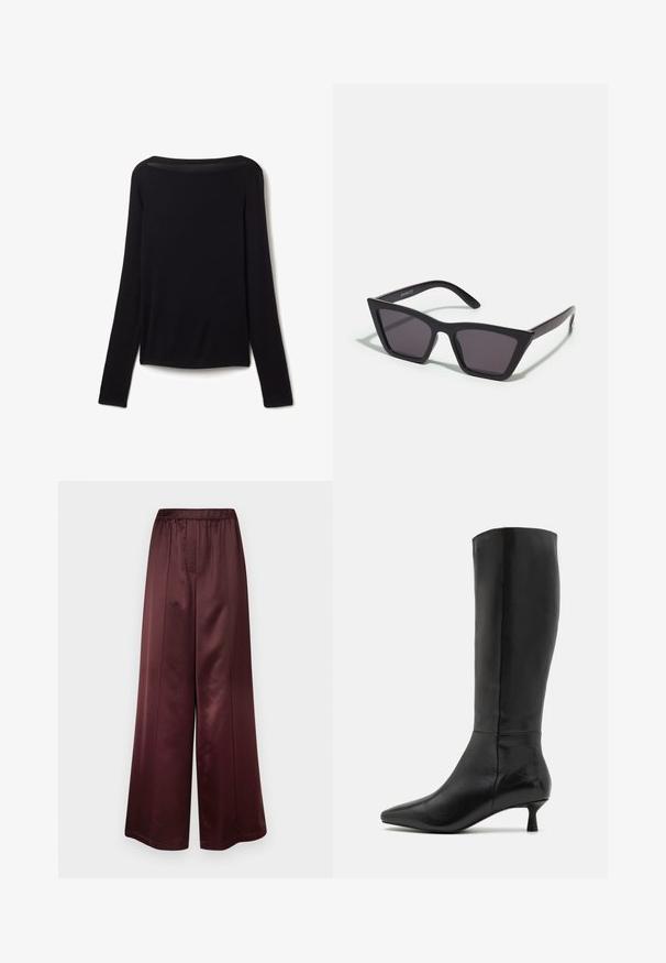 Długi czarny top z miękkiego materiału, z szerokim dekoltem i nieco luźnym krojem, bez widocznych wzorów ani elementów metalowych.; Szerokie spodnie w głębokim burgundowym odcieniu z satynowym wykończeniem, z elastycznym paskiem i gładką teksturą, bez widocznych wzorów czy akcentów.; Zign - Kozaki; Czarne, kanciaste okulary przeciwsłoneczne z szarymi soczewkami; wykonane z plastiku, z grubymi zausznikami o gładkiej powierzchni i bez widocznych elementów metalowych.; Czarna skórzana torba na ramię o gładkiej fakturze, zaokrąglonym wierzchu i pojedynczym pasku. Posiada zamek błyskawiczny i minimalistyczny design.