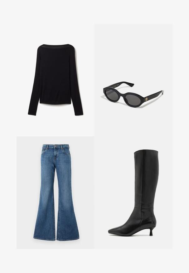 Dlouhé černé tričko z měkké látky, s širokým výstřihem a mírně volným střihem, bez viditelných vzorů nebo kovových detailů.; Džíny s rozšířenými nohavicemi v středně modré barvě s klasickým pětiokýnkovým designem, poutky na opasek a zapínáním na knoflík. Hladký povrch s jemným vyblednutím.; Zign Vysoká obuv - black; Černé oválné sluneční brýle s tmavými skly a lesklým plastovým rámem. Obsahují zlaté logo na straně, které poskytuje elegantní a moderní design.