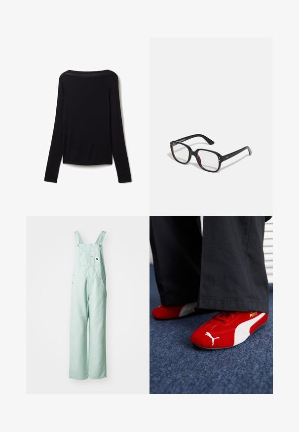 Long-sleeve black top in a soft fabric, featuring a wide neckline and a slightly loose fit with no visible patterns or hardware details.; Light mint green overalls made from sturdy fabric, featuring adjustable shoulder straps, a chest pocket, and two side pockets.; Red suede sneakers with white accents, featuring textured material, round toe, and a gold logo on the side, worn with black pants.; Black rectangular glasses with clear lenses, featuring rounded edges and side accents, with a glossy finish on the frame and arms.