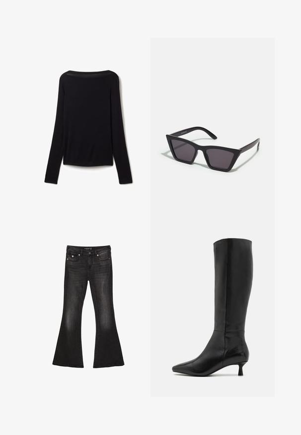 Dlouhé černé tričko z měkké látky, s širokým výstřihem a mírně volným střihem, bez viditelných vzorů nebo kovových detailů.; Černé rozšířené džíny z denimu s mírným vykrojením v pase, které mají pět kapes, kontrastní prošívání a akcenty ze stříbrného kovu.; Zign Vysoká obuv - black; Černé, ostré sluneční brýle s šedými skly; vyrobené z plastu, s mohutnými rameny a hladkým povrchem bez viditelného hardwaru.