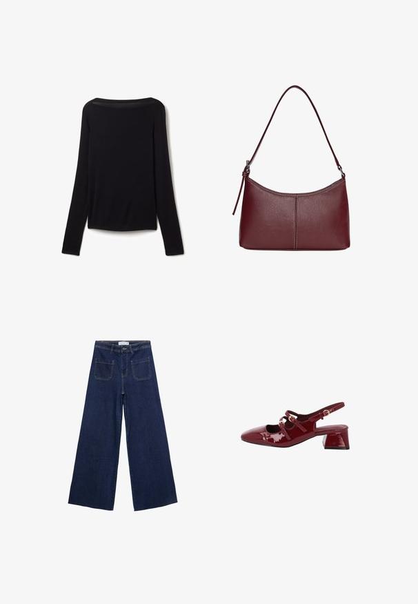 Haut noir à manches longues en tissu doux, avec un large col et une coupe légèrement ample, sans motifs visibles ni détails matériels.; Jeans en denim à jambes larges de couleur bleu foncé, dotés d'une taille haute, de quatre poches et de détails de couture visibles. Texture lisse avec une coupe classique.; Escarpins à brides à l'arrière en cuir verni bordeaux pour femmes, avec un bout arrondi, deux bandes décoratives et un petit talon carré.; Sac à main en cuir bordeaux avec une forme arrondie, une bandoulière unique et des coutures au centre. Texture lisse, matériel minimal.