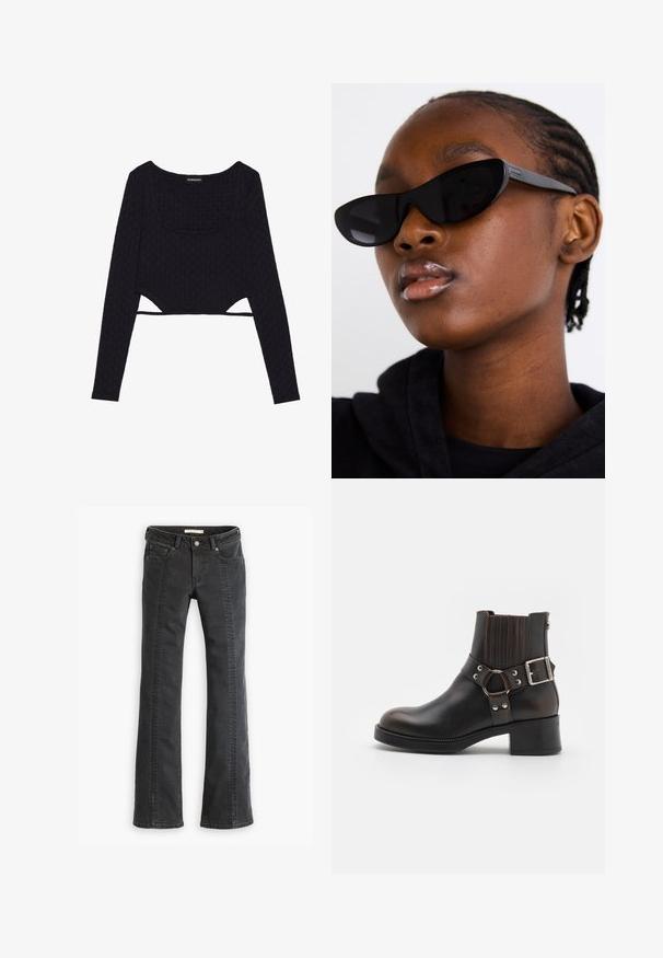 Haut noir à manches longues raccourci avec un motif hexagonal texturé, décolleté arrondi et accents découpés à l'ourlet. Tissu doux et extensible.; Jean flare en denim noir avec cinq poches, passants de ceinture et coutures contrastées le long des coutures avant. Texture douce et taille standard.; Botte en cuir noir à cheville avec un bout arrondi, des panneaux latéraux en élastique et une sangle décorative à boucle. Comprend des coutures contrastées et un petit talon.; Des lunettes de soleil noires en forme de chat avec une finition mate, arborant un design élégant et des bords légèrement arrondis, posées sur des vêtements sombres d'un mannequin.