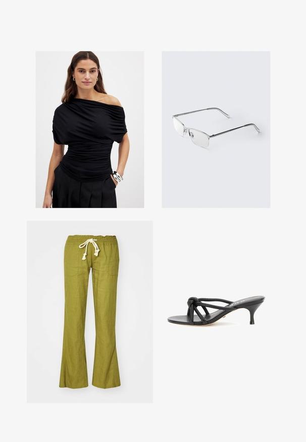 Black off-shoulder top with draped fabric, featuring a fitted waist and short sleeves. Smooth texture with gathered detailing at the front.; Green linen flared pants with an elastic waistband and adjustable drawstring. Features two side pockets and a smooth texture.; Black leather heeled sandals with knotted design, open toe, and slim stiletto heel. Textured straps crisscross above the footbed.; Metal eyeglasses with a sleek, rectangular frame. Silver-tone finish with clear lenses and nose pads. Thin temples with rounded ends.