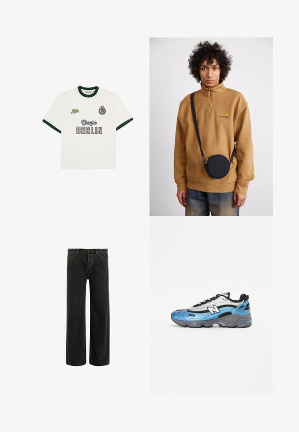Bjela kratka majica s kratkim rukavima, tamnozelena ovratnik i manšete, s natpisima "Escape BERLIN," "Mitte," i kružnim grbom sa dvije zvijezde.; Crne traperice s širokim nogavicama i visokim strukom, s klasičnim dizajnom pet džepova i suptilnim izbljeđenjem za teksturirani izgled.; Plava i srebrna atletska cipela od mrežastih i sintetičkih materijala, s debelim siva potplatom i istaknutim crnim detaljima. Broj modela 1000 je vidljiv.; Smeđa flis dukserica s četvrtastim zipom i izvezenim logotipom, uz crnu okruglu torbicu preko tijela s patent zatvaračem i detaljem logotipa, nosi se preko traperica.