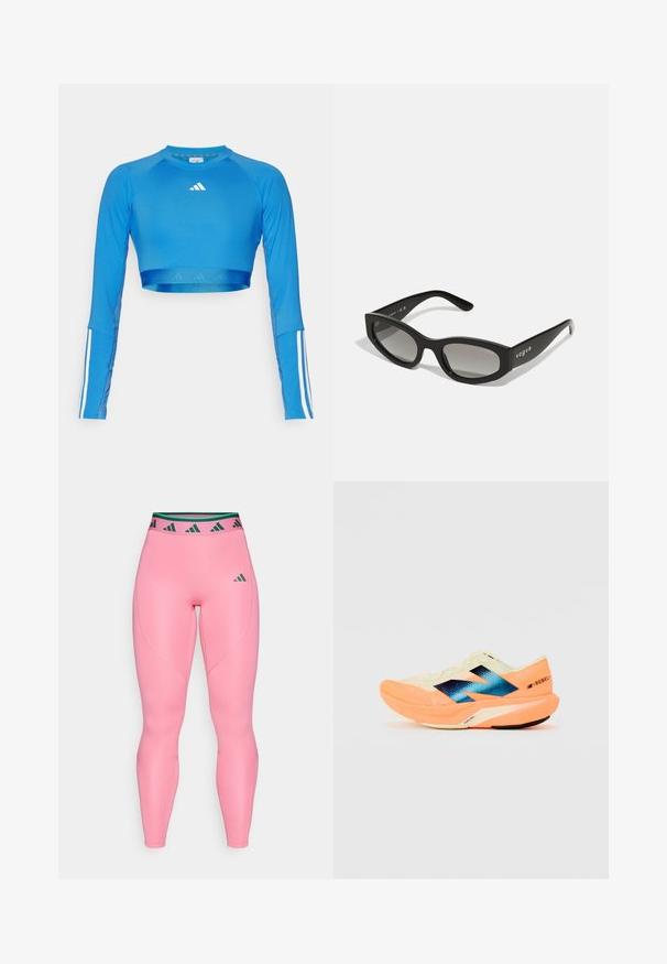 Top deportivo corto de manga larga azul, fabricado con un material suave, que presenta acentos de franjas blancas en las mangas y un pequeño logo en el pecho.; Leggings rosas hechos de un material suave y elástico. Presentan una cinturilla con un patrón negro y verde y un sutil logotipo en el muslo.; Zapatilla de running con un upper ligero en color crema, branding azul y acentos naranjas en la suela. Textura de malla para mayor transpirabilidad.; Gafas de sol negras con una forma de ojo de gato elegante, que cuentan con lentes degradados y el nombre de la marca "vogue" impreso en el costado.