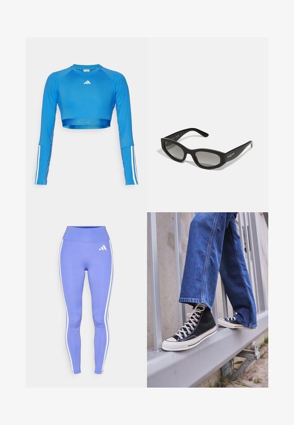 Niebieski, długi rękaw, krótki sportowy top wykonany z gładkiego materiału, z białymi pasami na rękawach i małym logo na klatce piersiowej.; Fioletowe legginsy wykonane z elastycznego materiału, z białymi paskami po bokach i logo Adidas na górnej części uda. Wysoki stan.; Czarne sneakersy za kostkę z białą podeszwą i sznurówkami, w połączeniu z luźnymi niebieskimi dżinsami, opierające się na szarym balustradzie.; Czarne okulary przeciwsłoneczne o eleganckim kocim kształcie, z gradientowymi szkłami i nazwą marki "vogue" nadrukowaną z boku.