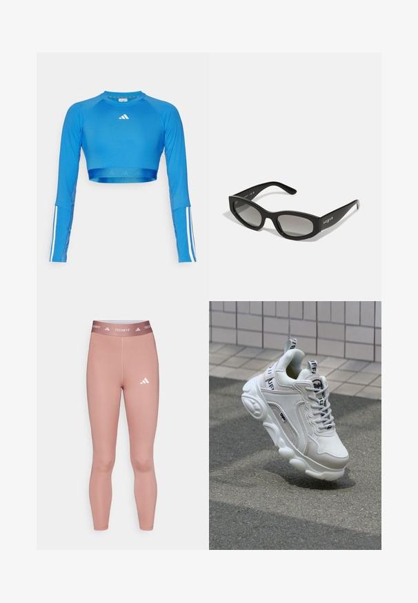 Haut de sport cropped à manches longues bleu en matériau lisse, avec des accents de rayures blanches sur les manches et un petit logo sur la poitrine.; Leggings Techfit de couleur rose doux, fabriqués en matériau extensible, avec un design ajusté et un logo blanc sur la jambe inférieure et la taille.; Sneaker blanc en matériaux mesh et cuir, bout arrondi, semelle épaisse, lacets proéminents et marqué au talon et sur la languette.; Lunettes de soleil noires avec une forme œil de chat élégante, dotées de verres dégradés et du nom de la marque "vogue" imprimé sur le côté.