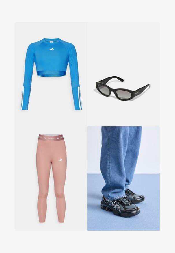 Modrá dlhá športová blúzka s krátkym strihom vyrobená z hladkého materiálu s bielymi pruhmi na rukávoch a malým logom na hrudi.; Techfit legíny v jemnej ružovej farbe, vyrobené z elastického materiálu, s priliehavým strihom a bielym logom na dolnej časti nohavic a v páse.; Čierne a šedé bežecké topánky s priedušným zvrškom, reflexnými akcentmi a textúrovanou podrážkou, kombinované s voľnými modrými džínsami.; Čierne slnečné okuliare s elegantným tvarom mačacích očí, s gradientovými šošovkami a názvom značky "vogue" potlačeným na boku.