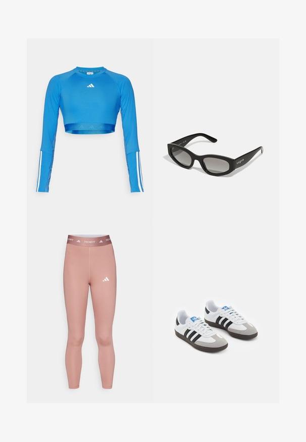 Blauw langarm cropped sporttop gemaakt van een glad materiaal met witte stripe accenten op de mouwen en een klein logo op de borst.; Techfit leggings in een zachte roze kleur, gemaakt van rekbaar materiaal, met een aansluitend ontwerp en een wit logo op het onderbeen en de tailleband.; Sportschoenen met een witte leren bovenkant, grijze suède neus en drie zwarte strepen. Bevat een blauw logo op de tong en een gestructureerde rubberen zool.; Zwarte zonnebril met een slank kattenoogmodel, voorzien van gradientlenzen en de merknaam "vogue" afgedrukt op de zijkant.
