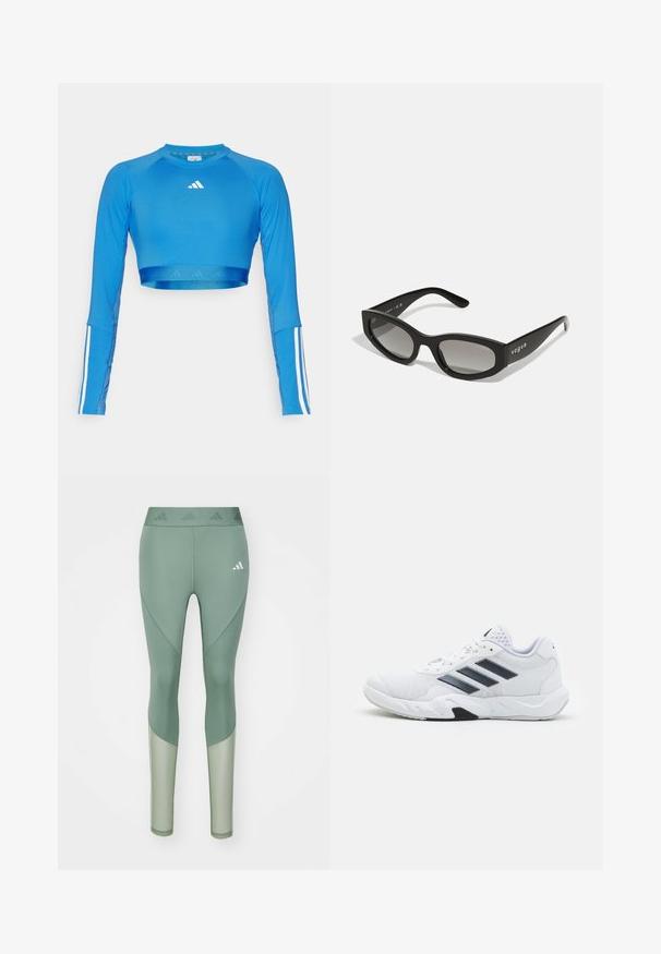 Top sportivo cropped a maniche lunghe di colore blu, realizzato in un materiale liscio e caratterizzato da accenti di strisce bianche sulle maniche e un piccolo logo sul petto.; Leggings sportivi verdi con vita alta, caratterizzati da una texture liscia, design a pannelli e un logo bianco sul davanti.; Scarpa sportiva bianca con tomaia in mesh, tre strisce nere sui lati, dettagli testurizzati e una suola in gomma robusta con una sezione nera a contrasto.; Occhiali da sole neri con una forma cat-eye elegante, dotati di lenti sfumate e con il nome del marchio "vogue" stampato sul lato.