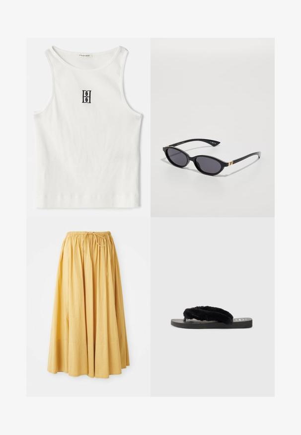 Witte geribde tanktop met een zwart geborduurd logo in het midden van de borst. De halslijn en armsgaten zijn afgewerkt met een subtiele bies.; Lange gele rok met een elastische tailleband en trekkoord. Gemaakt van lichtgewicht stof, met geplooide inzetstukken voor een vloeiende uitstraling.; Zwarte flip-flop sandalen met twee zachte, harige straps, platte rubberen zool en een gestructureerde voetbed voor grip. Eenvoudig ontwerp in een monochroom kleurenpalet.; Zwarte zonnebril met ovale glazen, donkere verloop-tint en slanke pootjes met subtiele gouden accenten. Glad plastic afwerking.
