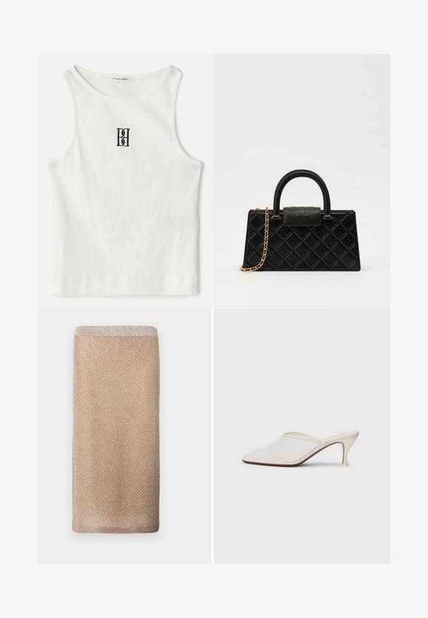 Débardeur blanc à côtes avec un logo noir brodé centré sur la poitrine. L'encolure et les emmanchures sont finies avec un biais subtil.; Écharpe en maille beige avec un éclat subtil, finition texturée et un bord supérieur de couleur plus claire. Forme rectangulaire.; Mule blanches en mesh avec un bout pointu, un talon moyen élancé et un design à enfiler, sur un fond uni.; Sac à main noir en cuir texturé, avec un motif en diamant, une sangle en chaîne dorée, et une poignée supérieure avec un rabat à fermeture logotypée.