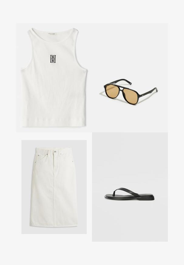 Biely rebrovaný tielko s čiernym výšivkovým logom umiestneným na hrudi. Výstrih a otvory na rukávy sú dokončené jemným lemovaním.; Biela džínová midi sukňa s vysokým pásom, predným zapínaním na gombíky a dvoma bočnými vreckami. Má priame strihovanie a šité detaily.; Čierne šľapky vyrobené z hladkej kože, s tenkým pásikom a plochou podrážkou s minimalistickým profilom. Bez výrazných vzorov alebo akcentov.; Čierne slnečné okuliare s hnedými farebnými šošovkami; obdĺžnikový tvar s hrubým rámom, vrátane jemných kovových akcentov na stranách.; Hnedá kožená kabelka s dvoma pevným uchami, obdĺžnikovým tvarom, hladkým povrchom a zipsovým uzáverom. Minimalistický dizajn bez viditeľných vzorov.