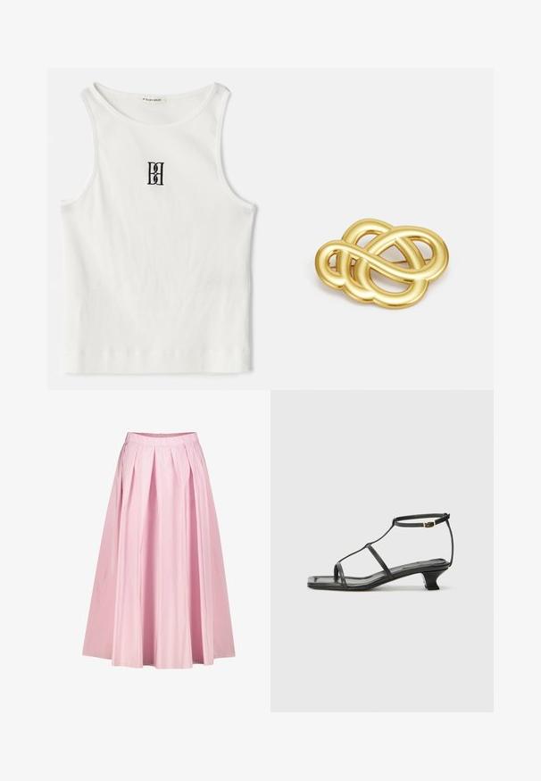 Débardeur blanc à côtes avec un logo noir brodé centré sur la poitrine. L'encolure et les emmanchures sont finies avec un biais subtil.; Jupe midi plissée rose avec une silhouette ample, fabriquée en tissu léger, dotée d'une taille et d'une fermeture éclair dissimulée à l'arrière.; Sandale en cuir noir avec un bout carré, des fines lanières, une bride de cheville ajustable et un petit talon. Présente un petit accent doré sur la lanière.; Broche doré présentant un design noué avec des lignes lisses et courbées, et une forme complexe, reflétant une finition polie.