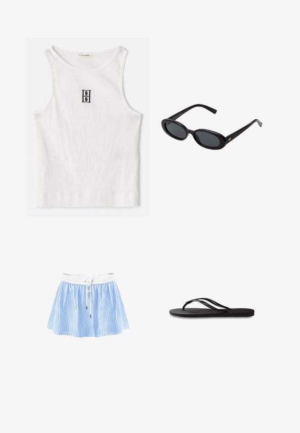 White ribbed tank top featuring a black embroidered logo centered on the chest. The neckline and armholes are finished with a subtle binding.; Blue and white striped skirt with a smocked waist, featuring a drawstring closure and a flared shape for comfortable fit and movement.; Black flip-flop featuring a textured rubber sole, two slender straps, and a subtle, embossed logo detail on the strap.; Black oversized sunglasses with oval lenses, smooth plastic frame, and gold accents on temple. Dark lenses provide sun protection.