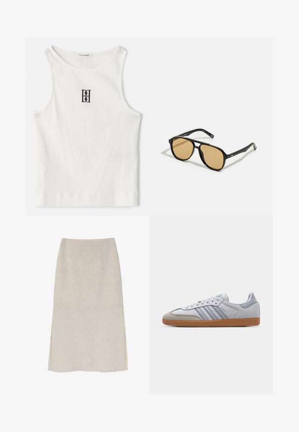Canotta bianca a costine con un logo ricamato nero centrato sul petto. Il colletto e le aperture delle braccia sono rifiniti con un sottile bordino.; Gonna in lino beige chiaro con silhouette dritta, spacco laterale e una finitura leggermente strutturata. Nessun hardware o decorazione visibile.; Sneakers bianchi in pelle con dettagli azzurri chiari, punta in suede grigia e suola in gomma marrone. Presentano tre strisce blu e il marchio "Samba".; Occhiali da sole neri con lenti a sfumatura marrone; forma rettangolare con una montatura spessa, inclusi sottili dettagli metallici sulle astine.