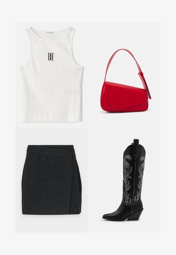 Top din bumbac alb cu nervuri, având un logo brodat negru centrat pe piept. Decolteul și brațele sunt terminate cu o margine subtilă.; Fustă cu model herringbone negru, cu un design înfășurat, având o finisare curată și un material texturat. Lungime până la mijlocul coapsei.; Bocanci de cowboy din piele neagră, cu vârfuri ascuțite, toc wedge și modele florale brodate cu fir argintiu de-a lungul tijei. Cusături în contrast pe întreaga suprafață.; Geantă de mână din piele roșie, cu un design unghiular și geometric. Dispune de o singură curea ajustabilă și un sistem de închidere cu clapetă, cu detalii cusute.