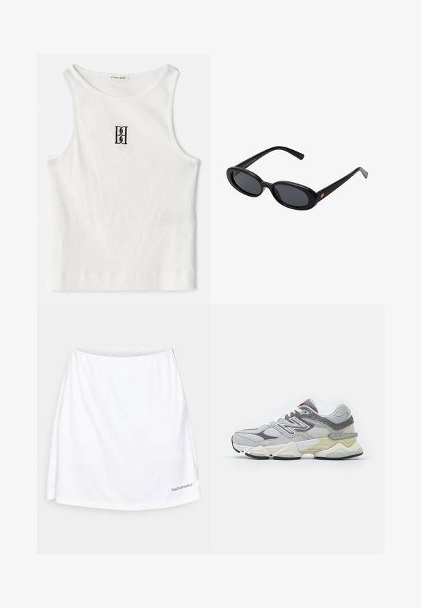 Baltas visiškai susipynęs polos marškinėliai su juodu siuvinėtu logotipu, uždedamu centre ant krūtinės. Kaklo iškirptė ir rankovių angos baigtos subtiliu apvadu.; Balta sportinė sijonas su lygiu paviršiumi, plačiu juosmeniu ir logotipu apatiniame dešiniajame kampe. Sijonas pasižymi laisvu siluetu, užtikrinančiu komfortą.; Pilkas zomšinis ir tinklinis sportbačius su storu baltu ir smėlio spalvos padu, featuring ryškų baltą logotipą ir raudonus akcentus.; Juodos didelės saulės akinių su ovaliais objektyvais, lygia plastiko rėmeliu ir aukso akcentais ant šventyklos. Tamsūs objektyvai suteikia apsaugą nuo saulės.