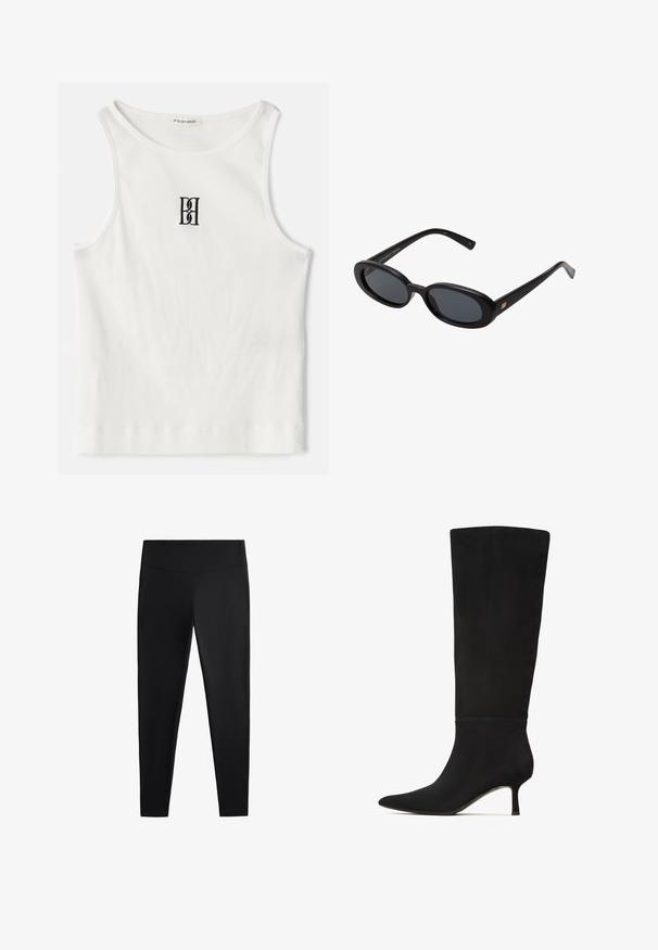 Bijela rebrasta majica bez rukava s crnim izvezenim logotipom u središtu prsnog dijela. Izrez i otvori za ruke su finiširani suptilnim obrubom.; Crne tajice izrađene od glatkog, rastezljivog materijala. Imaju široki pojas i suženi kroj nogavica, pogodne za aktivno ili ležerno nošenje.; Crne čizme do koljena od glatkog mikrofibra s izoštrenim prstom i uskim stiletto potpeticama. Imaju bezšavnu izradu i minimalne metalne detalje.; Crne velike sunčane naočale s ovalnim staklima, glatkim plastičnim okvirom i zlatnim detaljima na sljepočnicama. Tamna stakla pružaju zaštitu od sunca.