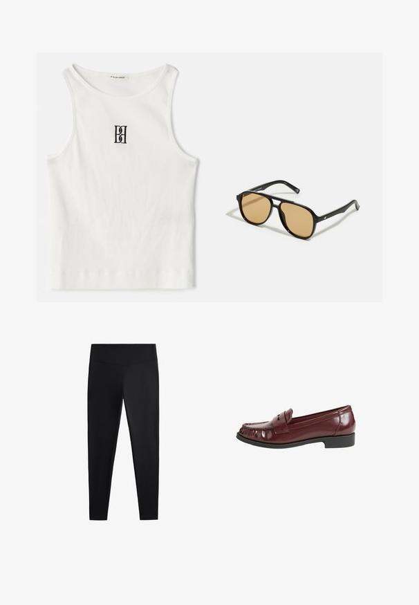Bílý žebrovaný top bez rukávů se černým vyšitým logem uprostřed hrudi. Výstřih a otvory na ruce jsou zakončeny jemným lemováním.; Černé legíny vyrobené z hladkého, elastického materiálu. Mají široký pas a zúžený střih nohavic, vhodné pro aktivní nebo volnočasové nošení.; Burgundské lakované kožené mokasíny s prošívanou kulatou špičkou a malým dekoračním páskem. Nízký černý gumový podpatek. Hladký povrch.; Černé sluneční brýle s hnědými tónovanými čočkami; obdélníkový tvar s tlustým rámem, včetně jemných kovových akcentů na stranách.