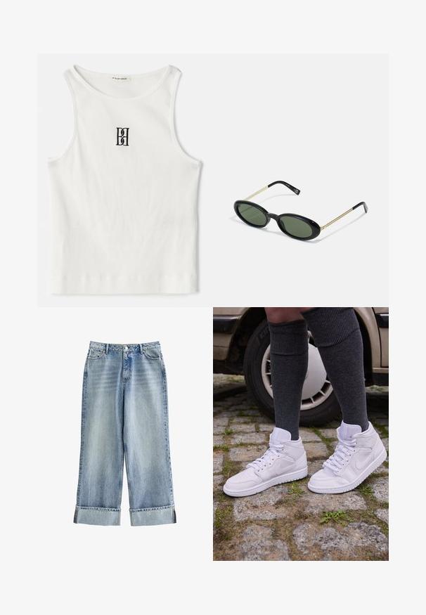 Biały prążkowany top na ramiączkach z czarnym haftowanym logo umieszczonym na środku klatki piersiowej. Dekolt i otwory na ramiona wykończone subtelnym obszywaniem.; Jasnoniebieskie, luźno dopasowane dżinsy, z wysokim stanem, szerokimi nogawkami, podwiniętymi mankietami oraz delikatnym wyblaknięciem na całej powierzchni materiału.; Białe wysokie trampki z perforowanym czubkiem i teksturowaną gumową podeszwą, w połączeniu z ciemnoszarymi skarpetkami do kolan, na kostkowej nawierzchni.; Owalne okulary przeciwsłoneczne z zielonymi soczewkami, czarnym plastikowym frontem i cienkimi, złotymi metalowymi zausznikami. Charakteryzują się minimalistycznym designem i gładką teksturą.; Bordowa torebka skórzana o zaokrąglonym kształcie, z jednym paskiem na ramię i przeszyciami w centrum. Gładka faktura, minimalna ilość elementów metalowych.