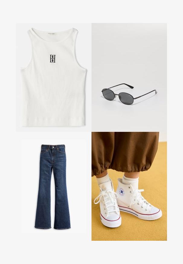 Balts ribots bez piedurknēm, kuram centrā uz krūtīm ir melns izšūts logo. Kakla un roku caurumu malas ir rūpīgi apstrādātas ar smalku apdari.; Augstas jostas tumši zili džinsi ar zvīņveida kājām, priekšējo pogu un rāvējslēdzēju, kā arī piecu kabatu dizainu.; Baltie augstpapēžu kanvas sporta apavi ar gumijas zoli, kuriem ir sudraba acs caurumi, sarkans un zils apmale un apļa logo uz potītes.; Melnas ovālas saulesbrilles ar tumšiem stikliem, plānu metāla rāmi un taisnām kājiņām. Iespējas ietver zīmola logotipu iekšējā roku daļā un deguna spilventiņus.; The North Face PACK UNISEX - Jostas soma - black/asphalt grey