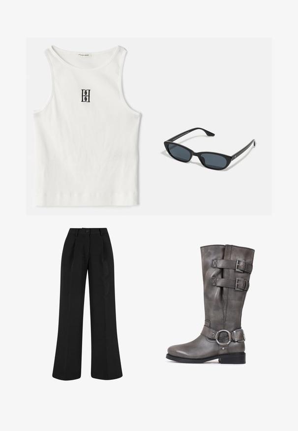 Bela rebrasta majica bez rukava s crnim izvezenim logotipom u središtu grudnog dela. Ovratnik i otvor za ruke su završeni suptilnim obradom.; Črne široke hlače s pliči, izdelane iz gladkega blaga. Imajo gumbasto zapiranje in kroj, prilagojen telesu.; Sive usnjene škornje do kolen z dvema dekorativnima trakovama in srebrnimi zaponkami. Zaobljen nos, nizka blok peta in gladka teksturirana površina.; Črne mačkaste sončne očala z temnimi lečami, plastičnim okvirjem, ozkimi stebli ter diskretnim logotipom na notranji strani ročaja. Mat zaključna tekstura.