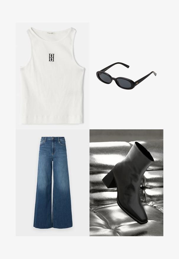 Weißes geripptes Tanktop mit einem schwarzen gestickten Logo, das zentral auf der Brust platziert ist. Der Halsausschnitt und die Armausschnitte sind mit einer dezenten Einfassung versehen.; rag & bone FLEXI SOFIE HIGH RISE FULL LENGTH WIDE - Jeans Relaxed Fit - willow; Schwarzer Knöchelstiefel aus glänzendem Material mit quadratischer Zehenform und verjüngtem Absatz, vor einem glänzenden silbernen gepolsterten Hintergrund.; Schwarze, oversized Sonnenbrillen mit ovalen Gläsern, glattem Kunststoffrahmen und goldenen Akzenten an den Bügeln. Die dunklen Gläser bieten Sonnenschutz.; Schwarze Ledertasche mit rechteckiger Form, goldenen Beschlägen, einer vorderen Klappe und einem kreisförmigen Logo-Akzent. Verfügt über einen einstellbaren Tragriemen.