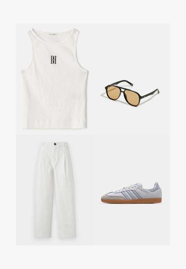 Hvid ribbet tanktop med et sort broderet logo centreret på brystet. Udhulningen og ærmegabene er afsluttet med en subtil kant.; Hvide vide bukser i bomuld med en struktureret overflade. Har en brun knap, læg og sidelommer.; Hvide lædersneakers med lyseblå accenter, grå ruskindsnæse og en brun gummisål. Har tre blå striber og "Samba" branding.; Sorte solbriller med brune tonede linser; rektangulær form med en tyk ramme, herunder diskrete hardwaredetaljer på stængerne.