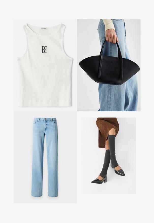 Bela rebrasta majica bez rukava s crnim izvezenim logotipom u središtu grudnog dela. Ovratnik i otvor za ruke su završeni suptilnim obradom.; Svijetloplave traperice, ravnog kroja, s pet džepova i prednjim kopčanjem na gumb. Glatka tekstura s blagim izblijeđenjem.; Črne lakirane čevlje s pointy prsti in blok peto ter z naramnicami za gleženj, ki jih kombiniramo s sivimi rebrastimi nogavicami in rjavim suknjičem iz usnja.; Črna usnjena torbica z edinstveno obliko ventilatorja, z ravnimi ročaji. Površina ima teksturo z drobnimi kamni in minimalističen dizajn.