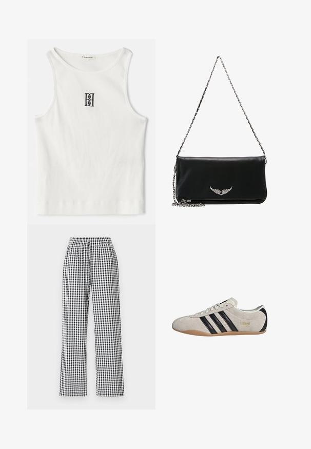 Bela rebrasta majica bez rukava s crnim izvezenim logotipom u središtu grudnog dela. Ovratnik i otvor za ruke su završeni suptilnim obradom.; Hlače s črno-bele karirane vzorcem, sproščenega kroja, z elastičnim pasom in podrobnostmi z vrvico. Tkanina ima gladko teksturo.; Semišasti športni copat z sivo zgornjico, črnimi črtami in podplatom iz gume. Ima sistem zavezovanja in zlati logotip na strani.; Črna usnjena torbica s srebrnim verižnim ročajem, na sprednji strani s simbolom peresa, gladke teksture in z zadrgo na dnu.