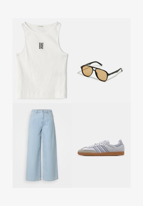 Witte geribde tanktop met een zwart geborduurd logo in het midden van de borst. De halslijn en armsgaten zijn afgewerkt met een subtiele bies.; Lichtblauwe wijde jeans van denim, met een knoop- en ritssluiting, twee voorzakken en een nette, afgewerkte zoom.; Witte leren sneakers met lichtblauwe accenten, grijs suède neus en een bruine rubberen zool. Voorzien van drie blauwe strepen en "Samba"-branding.; Zwarte zonnebril met bruin getinte lenzen; rechthoekige vorm met een dikke rand, inclusief subtiele hardware accenten op de veertjes.