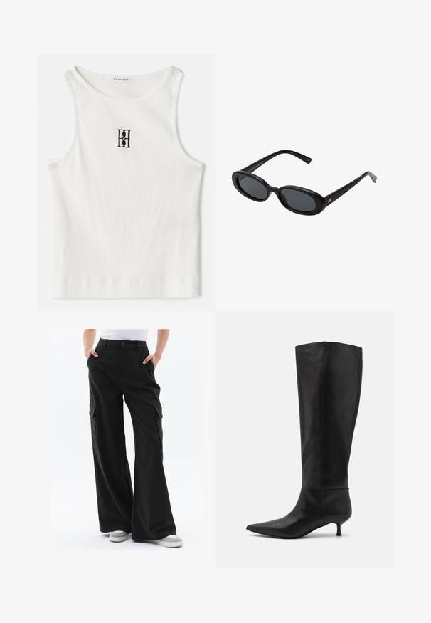 Witte geribde tanktop met een zwart geborduurd logo in het midden van de borst. De halslijn en armsgaten zijn afgewerkt met een subtiele bies.; Brede cargobroek van donkergroene stof met zijzakken en een knoopsluiting. Gladde textuur met een getailleerde pasvorm. Gepaard met grijze sneakers.; Zwarte leren laarzen tot de knie met een spitse neus en een kittenheel. Gladde textuur en minimalistisch ontwerp zonder zichtbare hardware of accenten.; Zwarte oversized zonnebril met ovale lenzen, een glad plastic montuur en gouden accenten op de pootjes. Donkere lenzen bieden bescherming tegen de zon.; Zwarte leren schoudertas met een gladde textuur, een gebogen bovenkant en een enkele schouderband. Voorzien van een ritsluiting en een minimalistisch design.