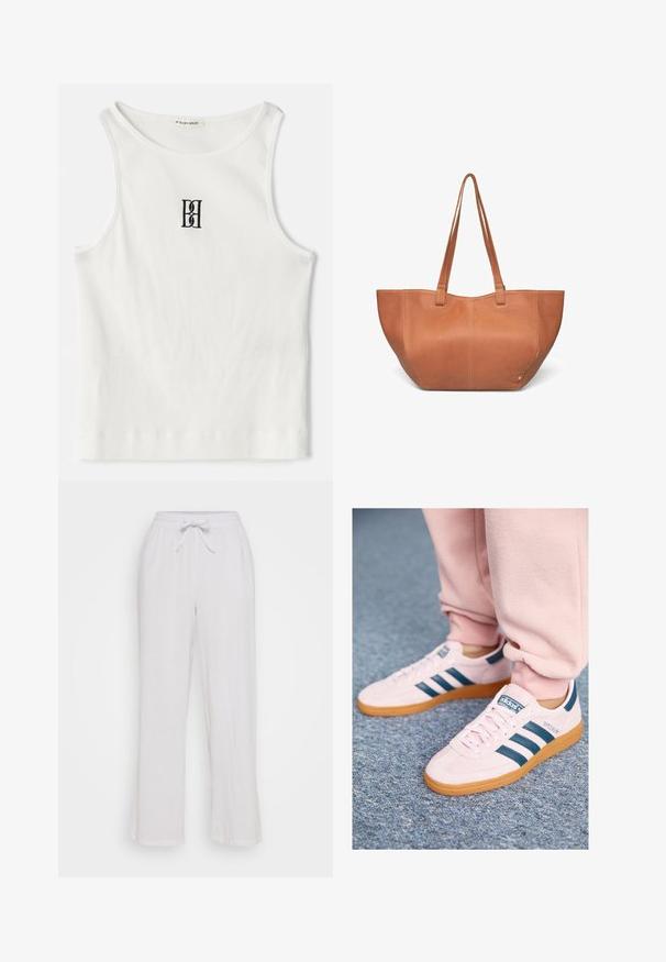 Fehér bordázott ujjatlan póló, melyen a mellkas közepén egy fekete hímzett logó található. A nyakkivágás és az ujjak nyílásai finom szegéllyel vannak ellátva.; Fehér vászonnadrág, húzózsinórral a deréknál, laza szabású és egyenes lábú dizájnnal. Sima tekstúra, látható minták vagy díszítések nélkül.; Világos rózsaszín velúr sportcipők sötétkék bőr csíkokkal és gumi talppal. Jellemzői közé tartozik a lapos fűző és a márkázás az oldalon és a nyelvén.; Barna bőrtáska két hosszú fogantyúval, lekerekített formával, sima felülettel és diszkrét varrási részletekkel. Nincs látható fémalkatrész vagy dísz.