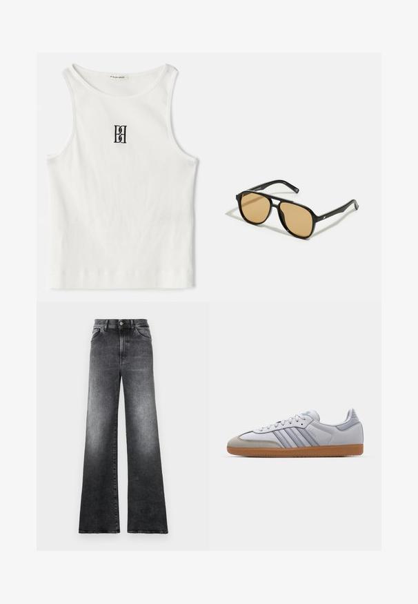 Bílý žebrovaný top bez rukávů se černým vyšitým logem uprostřed hrudi. Výstřih a otvory na ruce jsou zakončeny jemným lemováním.; Džínové kalhoty s širokými nohavicemi ve stupňovitém šedém denimu, s knoflíkovým zapínáním, pěti kapsami a vybledlým vzhledem.; Bílé kožené tenisky s světle modrými akcenty, šedým semišovým špičkou a hnědou gumovou podrážkou. Obsahují tři modré pruhy a branding "Samba".; Černé sluneční brýle s hnědými tónovanými čočkami; obdélníkový tvar s tlustým rámem, včetně jemných kovových akcentů na stranách.