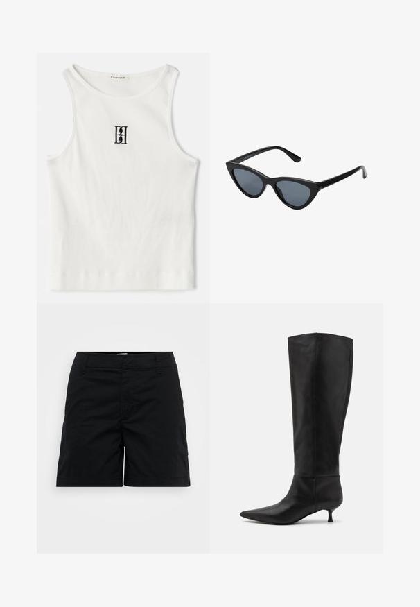 Camiseta sin mangas de rayas blancas con un logotipo negro bordado centrado en el pecho. El escote y las sisas están terminados con un sutil ribete.; Pantalones cortos de algodón negros con corte recto, que cuentan con una cinturilla, bolsillos frontales y un diseño minimalista. Textura suave y sin patrones visibles.; Botas de cuero negras hasta la rodilla con punta afilada y tacón tipo kitten. Textura suave y diseño minimalista sin herrajes ni acentos visibles.; Gafas de sol negras en forma de ojo de gato con lentes gris oscuro, marco de plástico elegante, esquinas puntiagudas y patillas rectas. Sin herrajes ni acentos visibles.