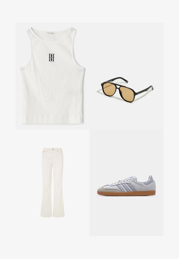 Baltas visiškai susipynęs polos marškinėliai su juodu siuvinėtu logotipu, uždedamu centre ant krūtinės. Kaklo iškirptė ir rankovių angos baigtos subtiliu apvadu.; Balti flared džinsai pagaminti iš medvilnės ir sintetinių pluoštų mišinio. Yra penki kišenės, priekinis mygtukų užsegimas ir matoma siuvimo linija prie siūlių.; Balti odiniai sportbačiai su šviesiai mėlynais akcentais, pilku zomšiniu priekiu ir rudu guminiu padu. Dėmėsi trys mėlynos juostelės ir "Samba" prekės ženklas.; Juodi saulės akiniai su rudais lęšiais; stačiakampio formos, su storu rėmu, įskaitant subtilias detales ant šventyklų.