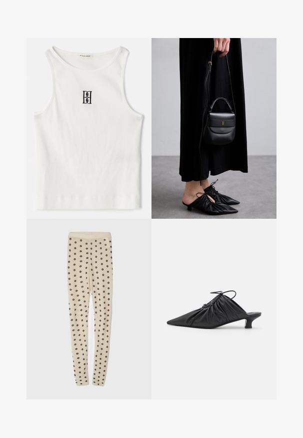 White ribbed tank top featuring a black embroidered logo centered on the chest. The neckline and armholes are finished with a subtle binding.; Beige leggings with a soft texture, featuring an all-over pattern of small dark flowers. Elastic waistband for comfortable fit.; Black leather slip-on mules with a pointed toe, gathered texture, and a small kitten heel. Features a drawstring detail at the opening.; Small black leather handbag with a rounded shape, top handle, and removable strap. Worn with black fabric dress and black pleated shoes.; Gold-tone hoop earrings featuring two intertwined circular shapes, smooth finish, and a stud back closure for secure wear.