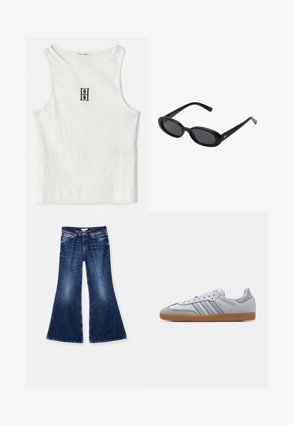 Balts ribots bez piedurknēm, kuram centrā uz krūtīm ir melns izšūts logo. Kakla un roku caurumu malas ir rūpīgi apstrādātas ar smalku apdari.; RE/DONE BAGGY FLARE - Džinsi ar paplatinātiem galiem - monterey fade; Baltas ādas sporta apavi ar gaiši ziliem akcentiem, pelēka zamša purngala un brūnas gumijas zole. Iezīmē trīs zilas svītras un "Samba" zīmolu.; Melnu pārspīlēto saulesbrilles ar ovālām lēcām, gludu plastmasas rāmja un zelta akcentiem uz tempļiem. Tumšie lēcas nodrošina saules aizsardzību.