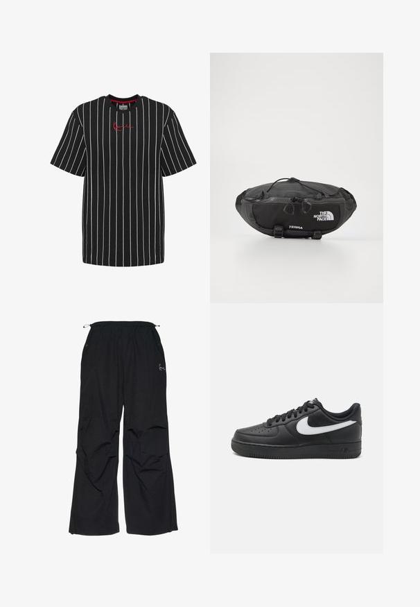 Black short-sleeve t-shirt featuring white vertical stripes and a small red embroidered logo on the chest. Soft cotton fabric.; Black, loose-fitting pants with an elastic waistband, two side pockets, and a subtle embroidered logo on the front. Lightweight fabric.; Black Nike Air Force 1 sneakers with a smooth leather upper, white logo accent, perforated toe, and textured rubber sole.; The North Face TERRA LUMBAR 3L UNISEX - Bum bag - asphalt grey/black