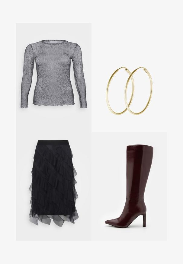 Permatomas pilkas ilgomis rankovėmis marškinėlis su leopardų raštu, išsiskiriantis apvalia iškirpte ir skalpuota apatine dalimi. Pagamintas iš lengvos, permatomos medžiagos.; Juodas tiulis sijonas su sluoksniuotais volanais, elastinga juosta ir laisvu siluetu. Skaidri tekstūra suteikia lengvumo ir judėjimo.; Even&Odd Batai - dark red; Aukso auskarai žiedai su lygia, apvali forma ir blizgiu paviršiumi. Lengva konstrukcija su saugiu užsegimu.